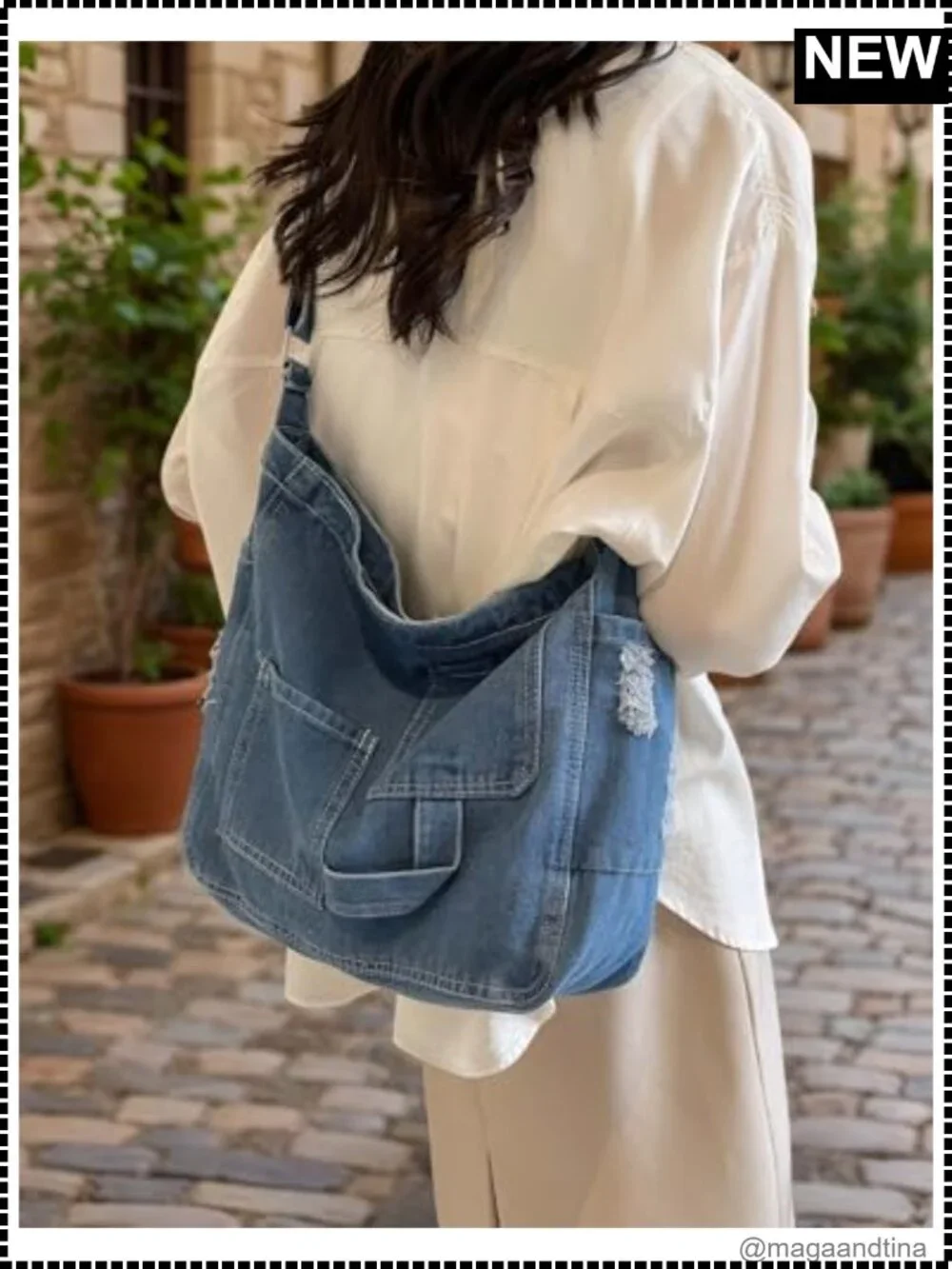 Denim Hobo Crossbody Bag Multi Pocket Adjustable Strap Casual Tote Purse
